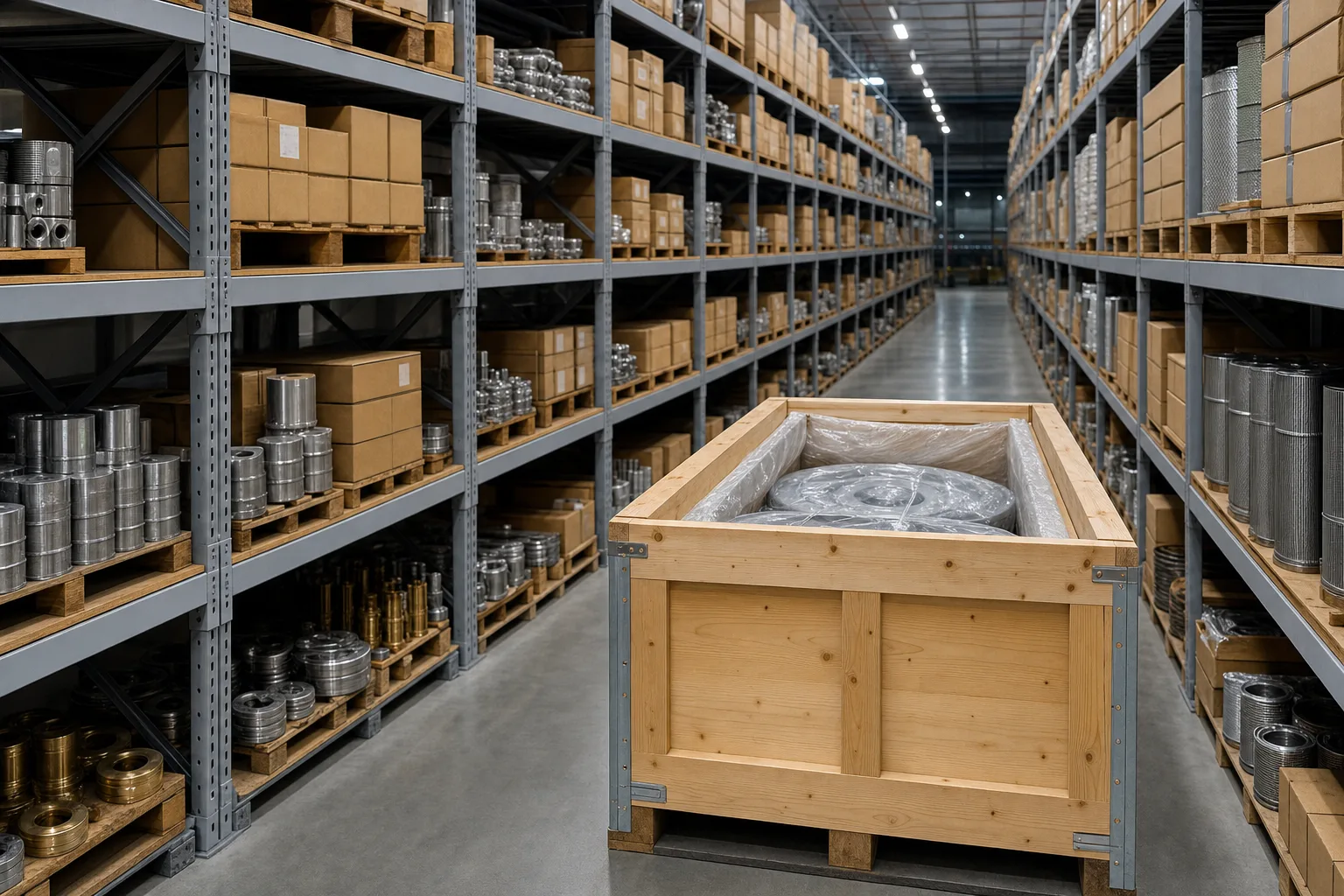 An aisle of grey shelving stacked with boxed marine parts