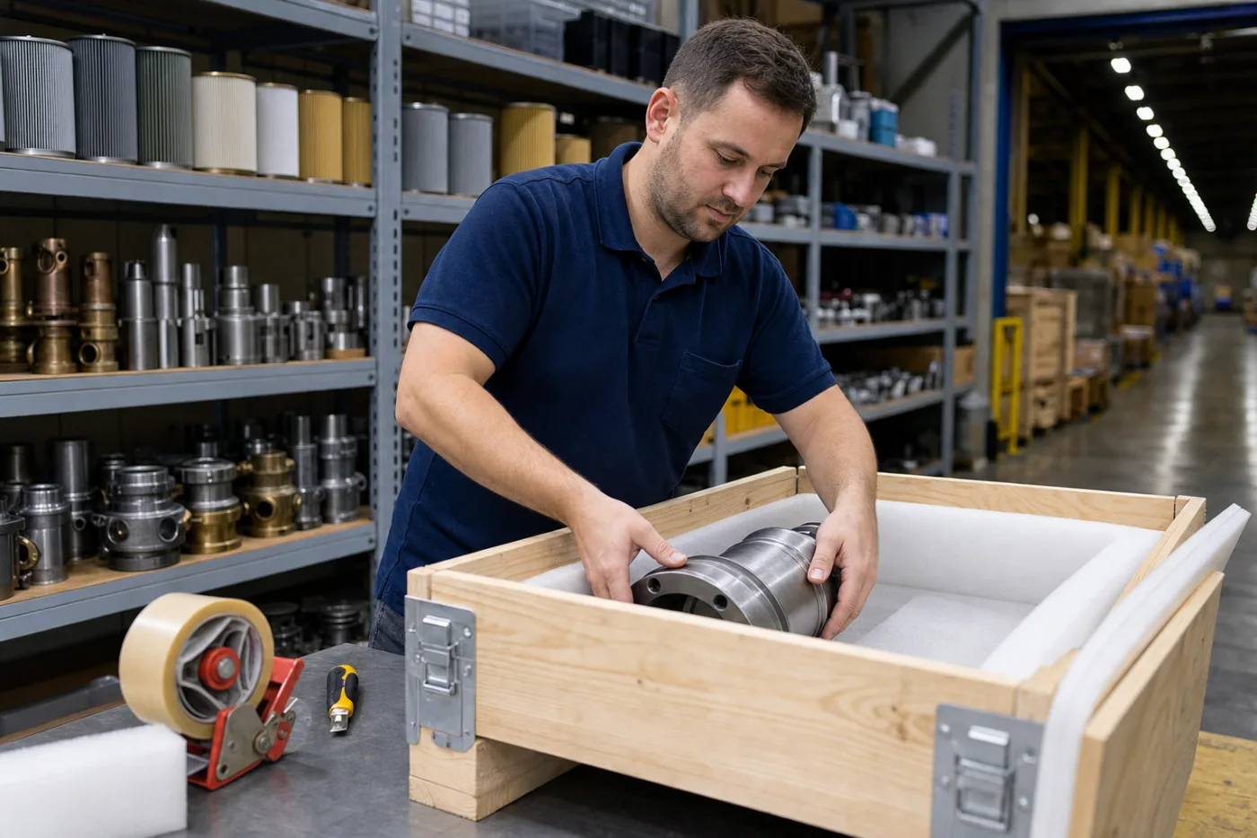 A packer preparing an export crate in a parts warehouse